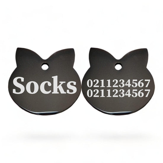 ⭐️Purr. Meow. Woof.⭐️ - Name Front & 2 Numbers Back Cat Ears | Mirror Stainless | Cat ID Pet Tag - Black
