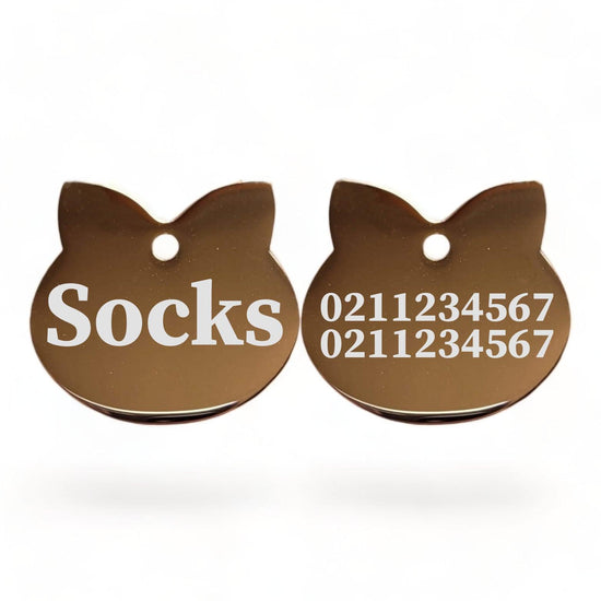 ⭐️Purr. Meow. Woof.⭐️ - Name Front & 2 Numbers Back Cat Ears | Mirror Stainless | Cat ID Pet Tag - BurlyWood