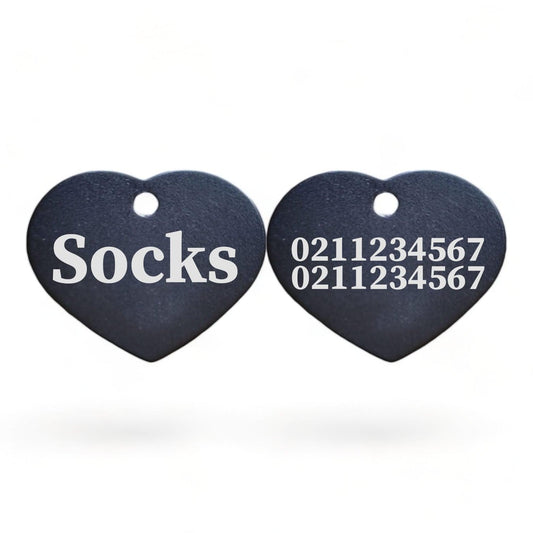 ⭐️Purr. Meow. Woof.⭐️ - Name Front & 2 Numbers Back | Heart Aluminum | Cat, Kitten & Dog ID Pet Tag - Black