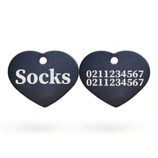 ⭐️Purr. Meow. Woof.⭐️ - Name Front & 2 Numbers Back | Heart Aluminum | Cat, Kitten & Dog ID Pet Tag - Black