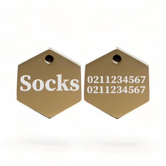 ⭐️Purr. Meow. Woof.⭐️ - Name Front & 2 Numbers Back | Mirror Stainless | Hexagon Cat & Dog ID Pet Tag - Gold / Small (Cat)