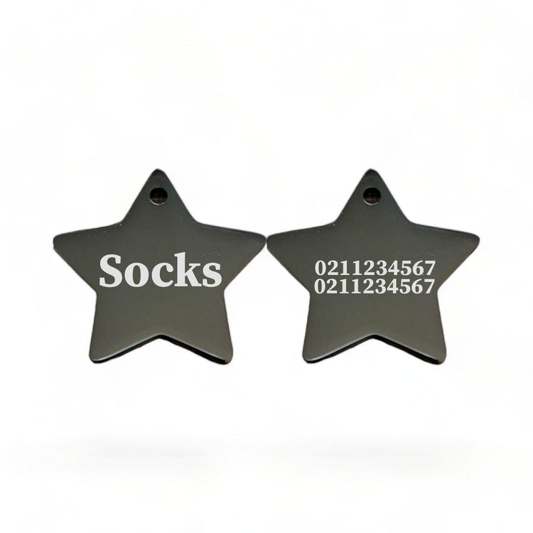 ⭐️Purr. Meow. Woof.⭐️ - Name Front & 2 Numbers Back | Mirror Stainless | Star Dog & Cat ID Pet Tag - Black / Cat (Small)