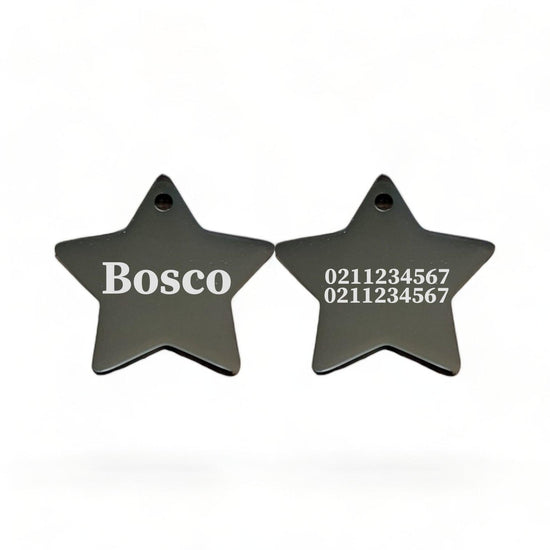 ⭐️Purr. Meow. Woof.⭐️ - Name Front & 2 Numbers Back | Mirror Stainless | Star Dog & Cat ID Pet Tag - Black / Dog (Large)