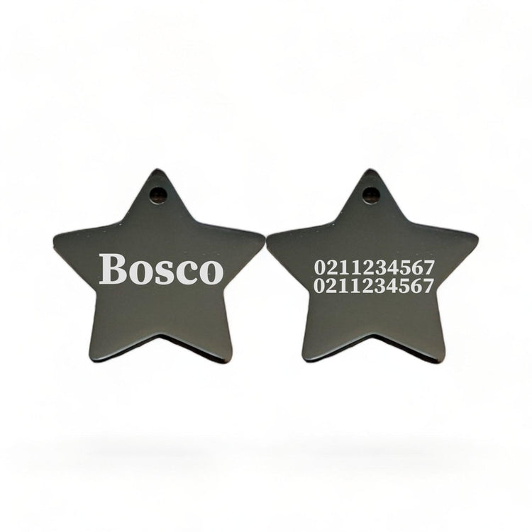 ⭐️Purr. Meow. Woof.⭐️ - Name Front & 2 Numbers Back | Mirror Stainless | Star Dog & Cat ID Pet Tag - Black / Dog (Large)