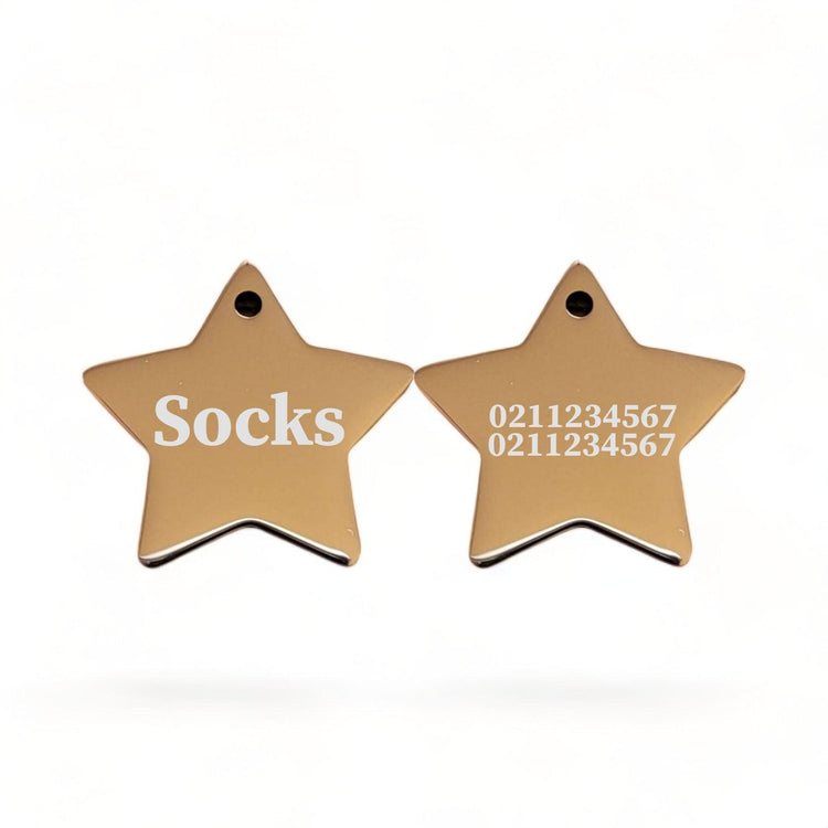⭐️Purr. Meow. Woof.⭐️ - Name Front & 2 Numbers Back | Mirror Stainless | Star Dog & Cat ID Pet Tag - BurlyWood / Cat (Small)