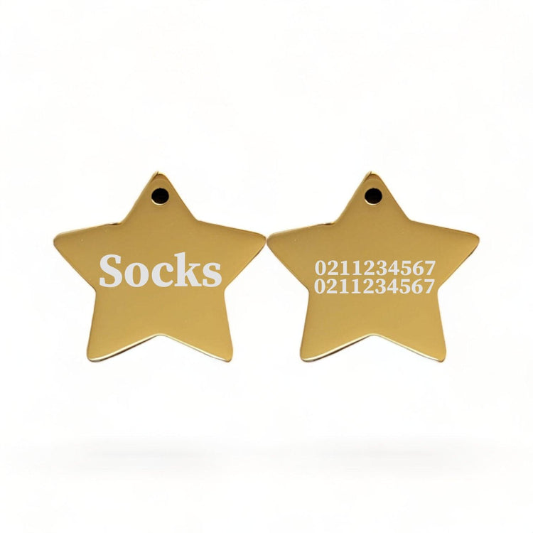 ⭐️Purr. Meow. Woof.⭐️ - Name Front & 2 Numbers Back | Mirror Stainless | Star Dog & Cat ID Pet Tag - Gold / Cat (Small)