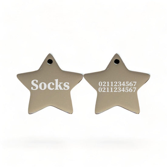 ⭐️Purr. Meow. Woof.⭐️ - Name Front & 2 Numbers Back | Mirror Stainless | Star Dog & Cat ID Pet Tag - Silver / Cat (Small)