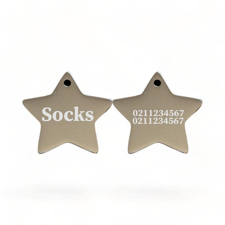 ⭐️Purr. Meow. Woof.⭐️ - Name Front & 2 Numbers Back | Mirror Stainless | Star Dog & Cat ID Pet Tag - Silver / Cat (Small)