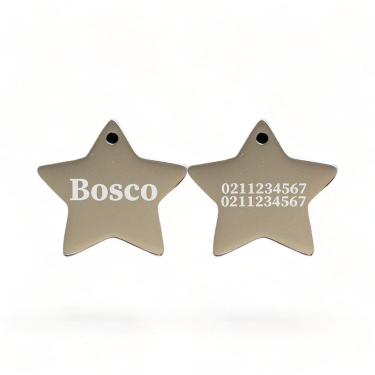 ⭐️Purr. Meow. Woof.⭐️ - Name Front & 2 Numbers Back | Mirror Stainless | Star Dog & Cat ID Pet Tag - Silver / Dog (Large)