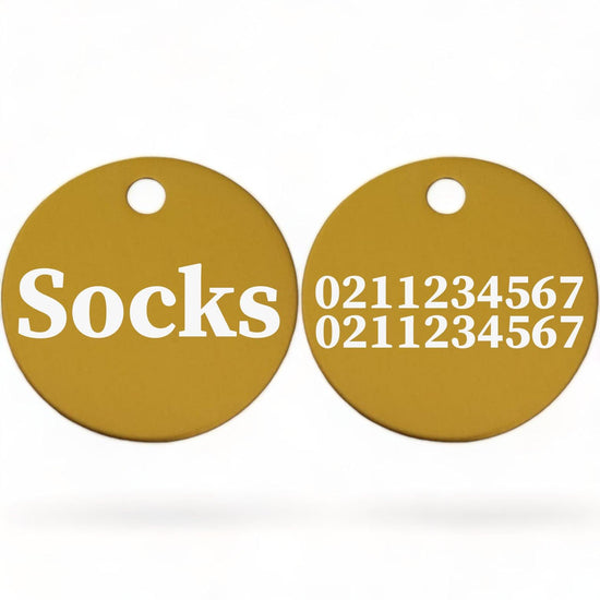 ⭐️Purr. Meow. Woof.⭐️ - Name Front & 2 Numbers Back | Round Aluminium | Cat, Kitten & Dog ID Pet Tag - Gold / Cat (Small)