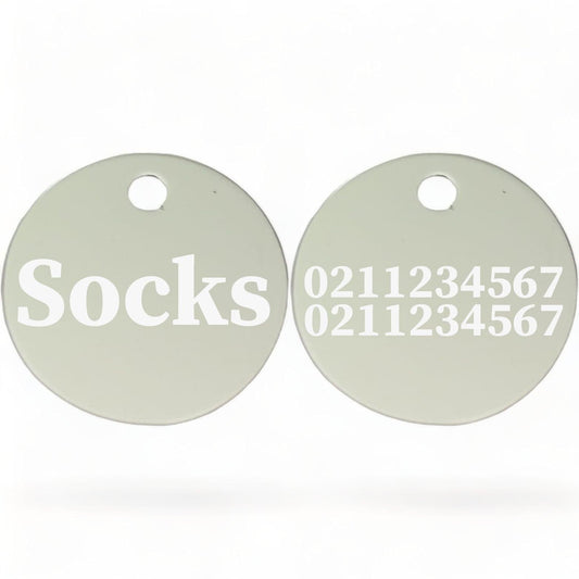 ⭐️Purr. Meow. Woof.⭐️ - Name Front & 2 Numbers Back | Round Aluminium | Cat, Kitten & Dog ID Pet Tag - Silver / Cat (Small)
