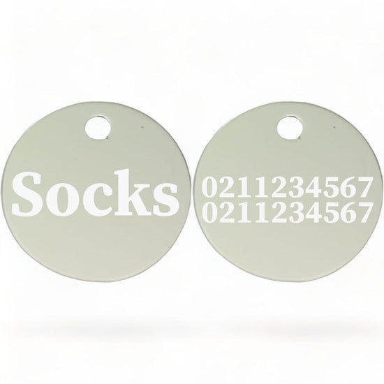 ⭐️Purr. Meow. Woof.⭐️ - Name Front & 2 Numbers Back | Round Aluminium | Cat, Kitten & Dog ID Pet Tag - Silver / Cat (Small)