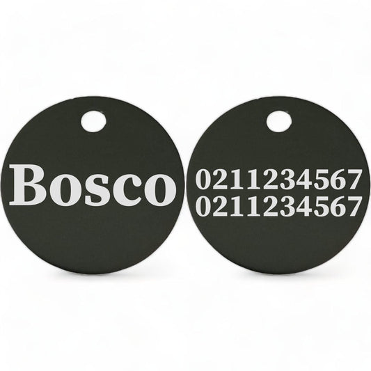 ⭐️Purr. Meow. Woof.⭐️ - Name Front & 2 Numbers Back | Round Aluminium | Dog ID Pet Tag - Black
