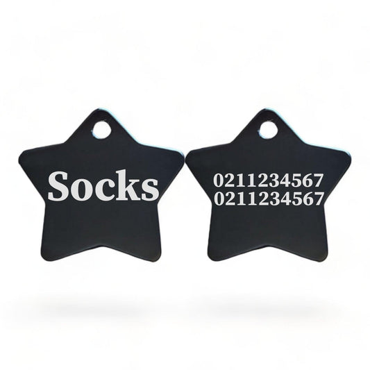 ⭐️Purr. Meow. Woof.⭐️ - Name Front & 2 Numbers Back | Star Aluminum | Cat, Kitten & Dog ID Pet Tag - Black / Cat (Small)