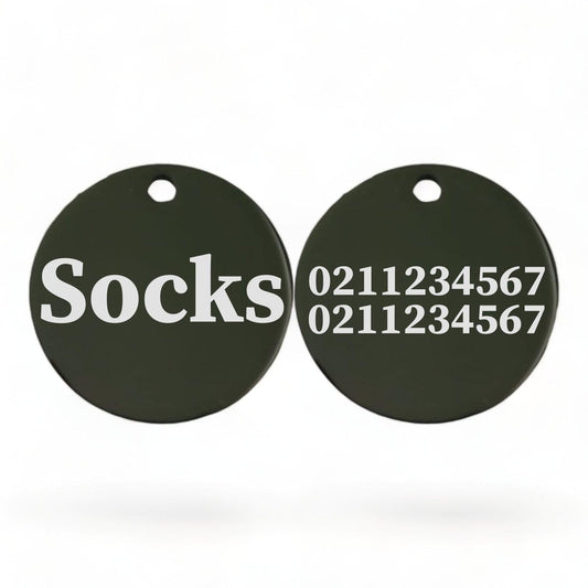 ⭐️Purr. Meow. Woof.⭐️ - Name Front & 2 Numbers Back Round | Mirror Stainless | Cat ID Pet Tag - Black