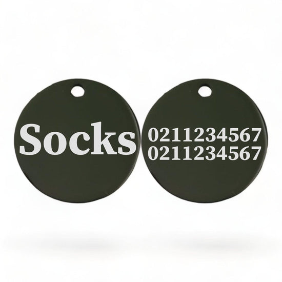 ⭐️Purr. Meow. Woof.⭐️ - Name Front & 2 Numbers Back Round | Mirror Stainless | Cat ID Pet Tag - Black