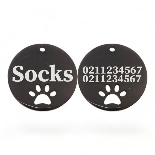 ⭐️Purr. Meow. Woof.⭐️ - Name Front & 2 Numbers Back Round Paw Print | Mirror Stainless | Cat & Dog ID Pet Tag - Black / Small (Cat)