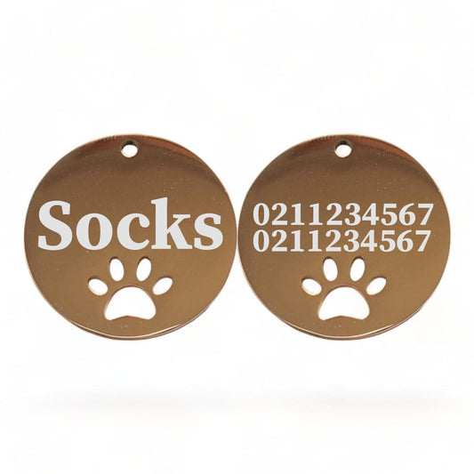 ⭐️Purr. Meow. Woof.⭐️ - Name Front & 2 Numbers Back Round Paw Print | Mirror Stainless | Cat & Dog ID Pet Tag - BurlyWood / Small (Cat)