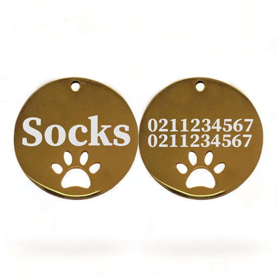 ⭐️Purr. Meow. Woof.⭐️ - Name Front & 2 Numbers Back Round Paw Print | Mirror Stainless | Cat & Dog ID Pet Tag - Gold / Small (Cat)