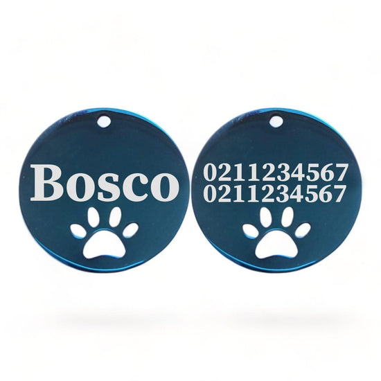 ⭐️Purr. Meow. Woof.⭐️ - Name Front & 2 Numbers Back Round Paw Print | Mirror Stainless | Cat & Dog ID Pet Tag - MidnightBlue / Large (Dog)