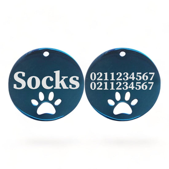 ⭐️Purr. Meow. Woof.⭐️ - Name Front & 2 Numbers Back Round Paw Print | Mirror Stainless | Cat & Dog ID Pet Tag - MidnightBlue / Small (Cat)