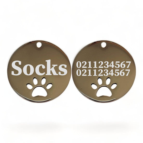 ⭐️Purr. Meow. Woof.⭐️ - Name Front & 2 Numbers Back Round Paw Print | Mirror Stainless | Cat & Dog ID Pet Tag - Silver / Small (Cat)