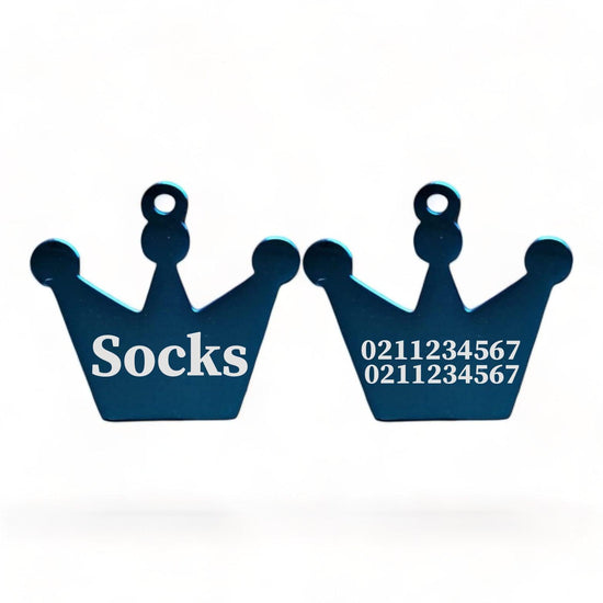 ⭐️Purr. Meow. Woof.⭐️ - Name Front & 2 Numbers Back Royal Crown | Mirror Stainless | Cat & Dog ID Pet Tag - MidnightBlue