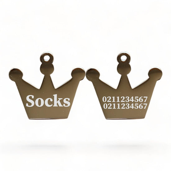 ⭐️Purr. Meow. Woof.⭐️ - Name Front & 2 Numbers Back Royal Crown | Mirror Stainless | Cat & Dog ID Pet Tag - Silver