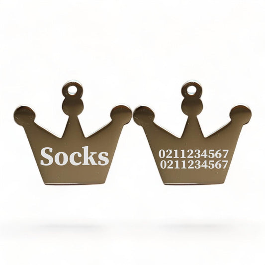 ⭐️Purr. Meow. Woof.⭐️ - Name Front & 2 Numbers Back Royal Crown | Mirror Stainless | Cat & Dog ID Pet Tag - Silver