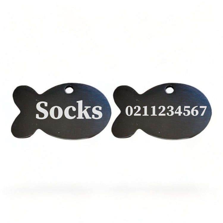 ⭐️Purr. Meow. Woof.⭐️ - Name Front & Number Back Baby Fish | Mirror Stainless | Cat ID Pet Tag - Black