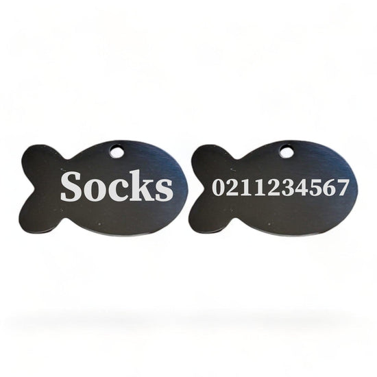 ⭐️Purr. Meow. Woof.⭐️ - Name Front & Number Back Baby Fish | Mirror Stainless | Cat ID Pet Tag - Black