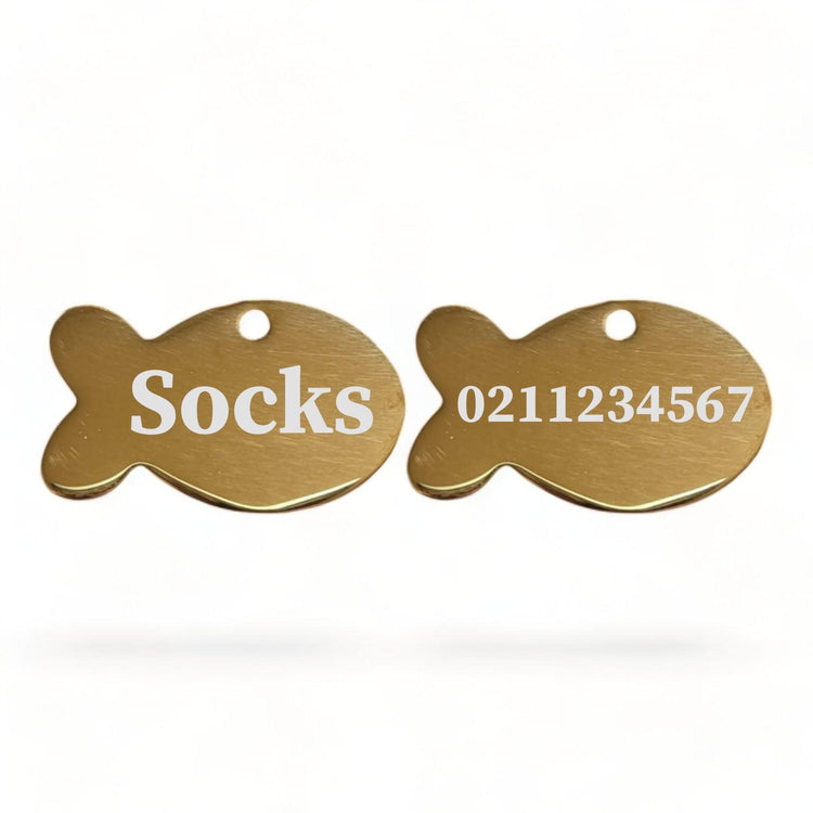⭐️Purr. Meow. Woof.⭐️ - Name Front & Number Back Baby Fish | Mirror Stainless | Cat ID Pet Tag - Gold