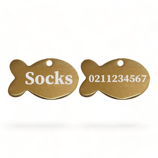 ⭐️Purr. Meow. Woof.⭐️ - Name Front & Number Back Baby Fish | Mirror Stainless | Cat ID Pet Tag - Gold