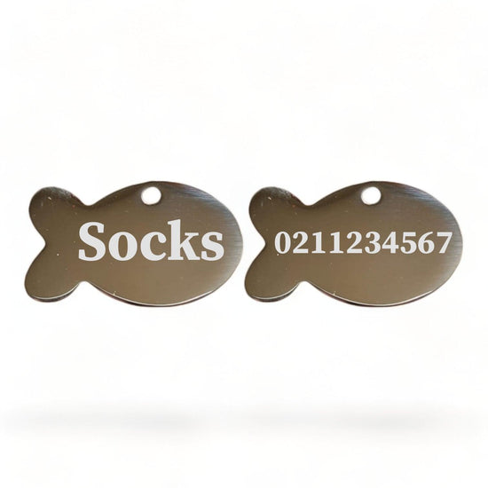 ⭐️Purr. Meow. Woof.⭐️ - Name Front & Number Back Baby Fish | Mirror Stainless | Cat ID Pet Tag - Silver