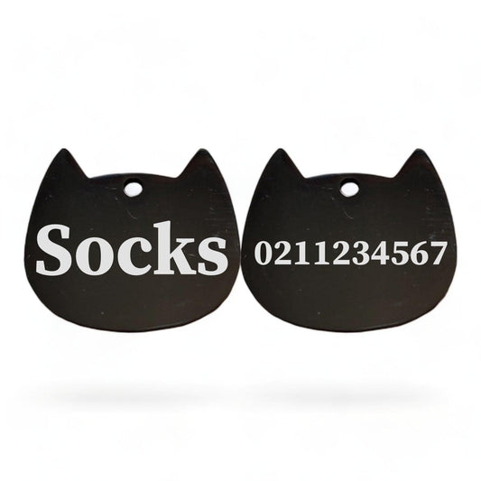 ⭐️Purr. Meow. Woof.⭐️ - Name Front & Number Back Bat Cat | Mirror Stainless | Cat ID Pet Tag - Black