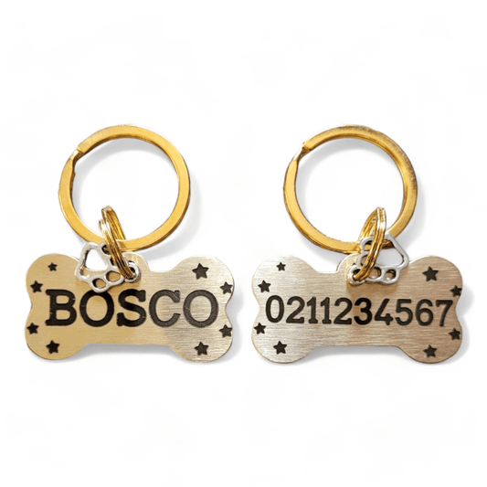 ⭐️Purr. Meow. Woof.⭐️ - Name Front & Number Back Bespoke Brass Bone Dog ID Pet Tag - Default Title