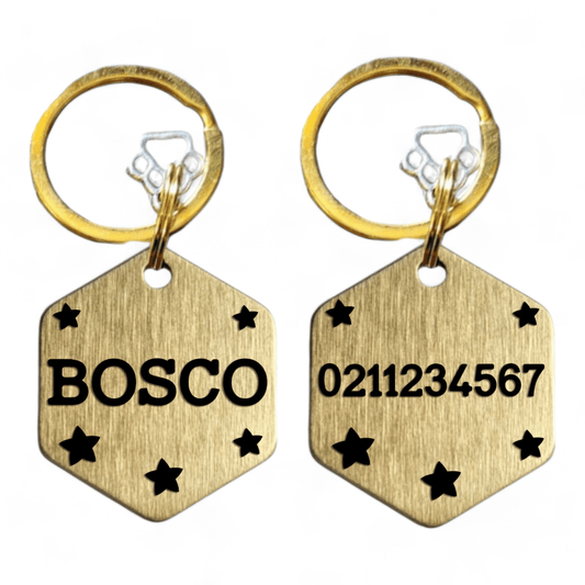 ⭐️Purr. Meow. Woof.⭐️ - Name Front & Number Back Bespoke Brass Hexagon Cat & Dog ID Pet Tag - Large (Dog)