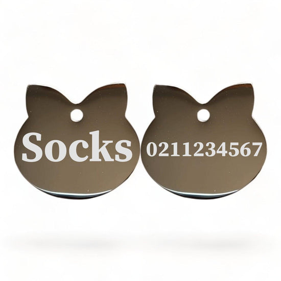 ⭐️Purr. Meow. Woof.⭐️ - Name Front & Number Back Cat Ears | Mirror Stainless | Cat ID Pet Tag - Silver