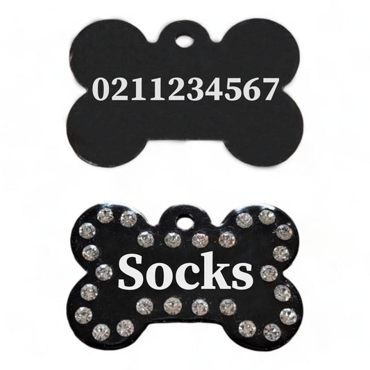 ⭐️Purr. Meow. Woof.⭐️ - Name Front & Number Back | Bling Bone Aluminum | Dog ID Pet Tag - Black