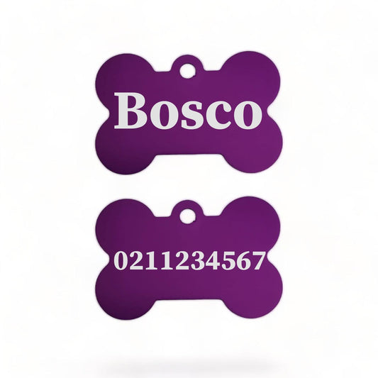 ⭐️Purr. Meow. Woof.⭐️ - Name Front & Number Back | Bone Aluminium | Dog ID Pet Tag - Purple
