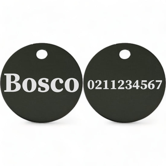 ⭐️Purr. Meow. Woof.⭐️ - Name Front & Number Back | Round Aluminium | Cat, Kitten & Dog ID Pet Tag - Black / Dog (Large)