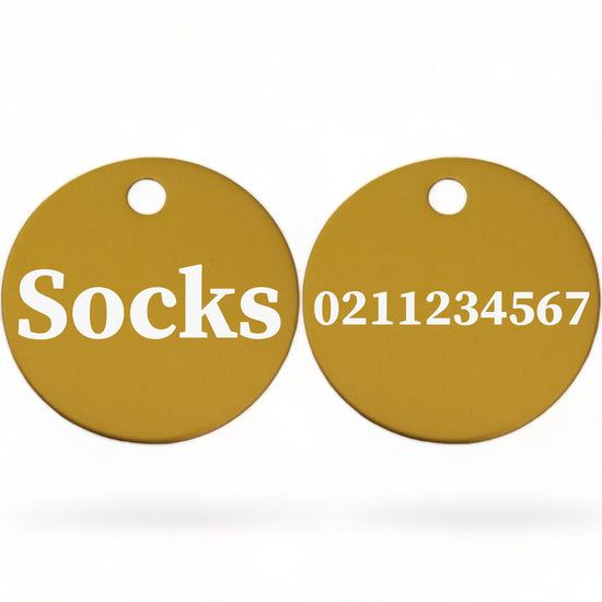 ⭐️Purr. Meow. Woof.⭐️ - Name Front & Number Back | Round Aluminium | Cat, Kitten & Dog ID Pet Tag - Gold / Cat (Small)