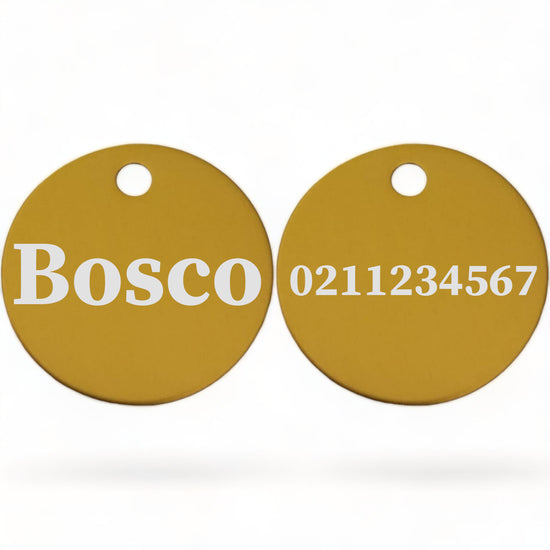 ⭐️Purr. Meow. Woof.⭐️ - Name Front & Number Back | Round Aluminium | Cat, Kitten & Dog ID Pet Tag - Gold / Dog (Large)