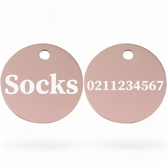⭐️Purr. Meow. Woof.⭐️ - Name Front & Number Back | Round Aluminium | Cat, Kitten & Dog ID Pet Tag - LightPink / Cat (Small)