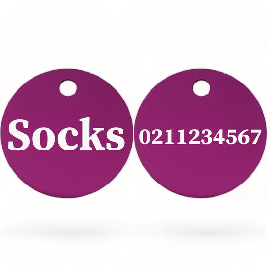 ⭐️Purr. Meow. Woof.⭐️ - Name Front & Number Back | Round Aluminium | Cat, Kitten & Dog ID Pet Tag - Purple / Cat (Small)