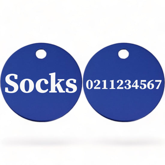 ⭐️Purr. Meow. Woof.⭐️ - Name Front & Number Back | Round Aluminium | Cat, Kitten & Dog ID Pet Tag - RoyalBlue / Cat (Small)