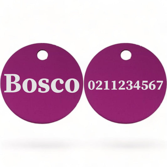 ⭐️Purr. Meow. Woof.⭐️ - Name Front & Number Back | Round Aluminium | Dog ID Pet Tag - Purple