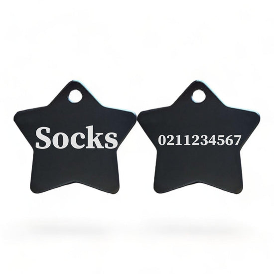 ⭐️Purr. Meow. Woof.⭐️ - Name Front & Number Back | Star Aluminum | Cat, Kitten & Dog ID Pet Tag - Black / Small (Cat)