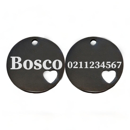 ⭐️Purr. Meow. Woof.⭐️ - Name Front & Number Back Round Heart | Mirror Stainless | Cat & Dog ID Pet Tag - Black / Large (Dog)