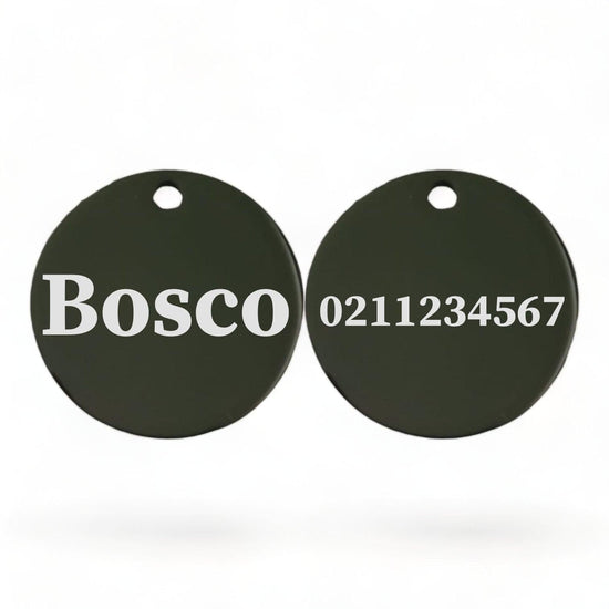 ⭐️Purr. Meow. Woof.⭐️ - Name Front & Number Back Round | Mirror Stainless | Dog ID Pet Tag - Black